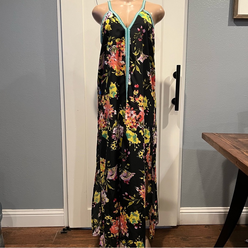 Floral sheer swim coverup Maxi Dress w/embroidery Trim size L high side slits